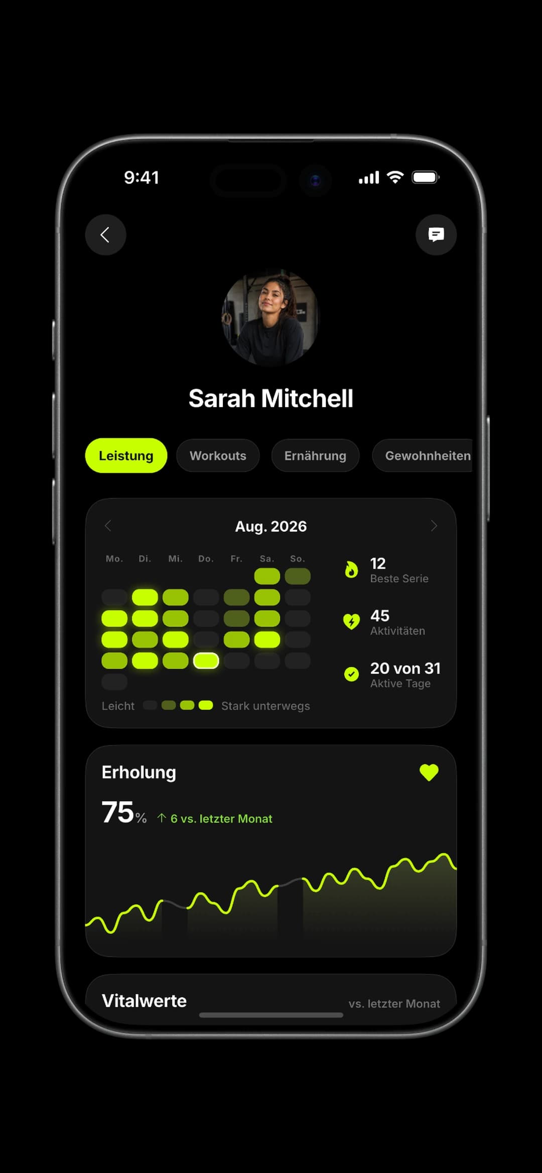 A client's profile: progress, plans and check-ins in one place.