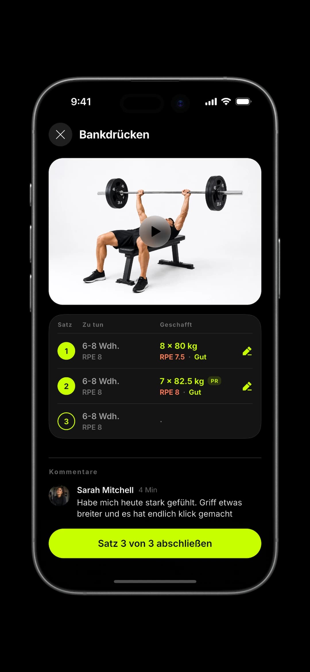Logging a set: prescribed reps beside the actual sets with RPE and a comment.