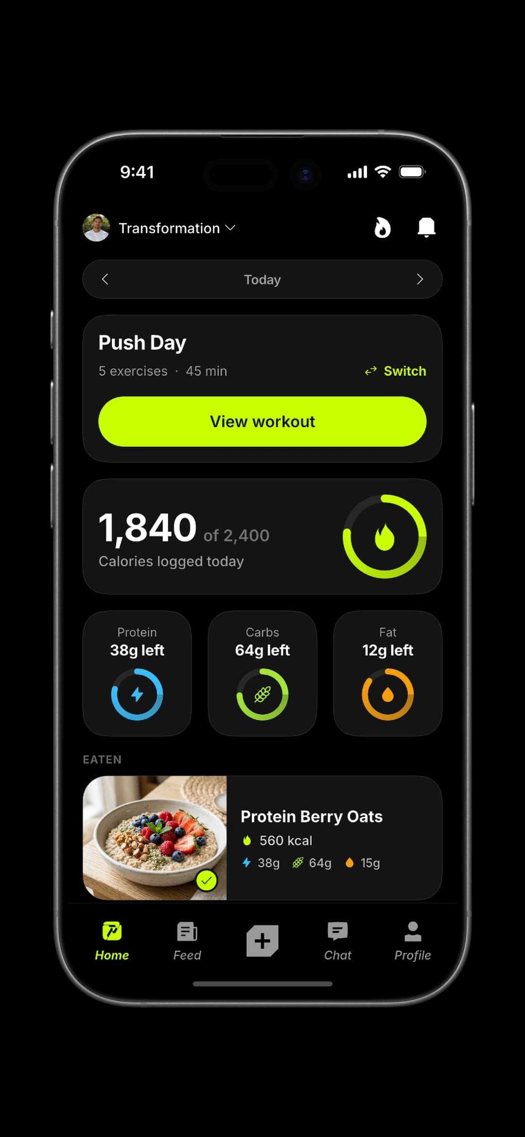 A client's home: today's Push workout, calories logged against target, and macro rings.
