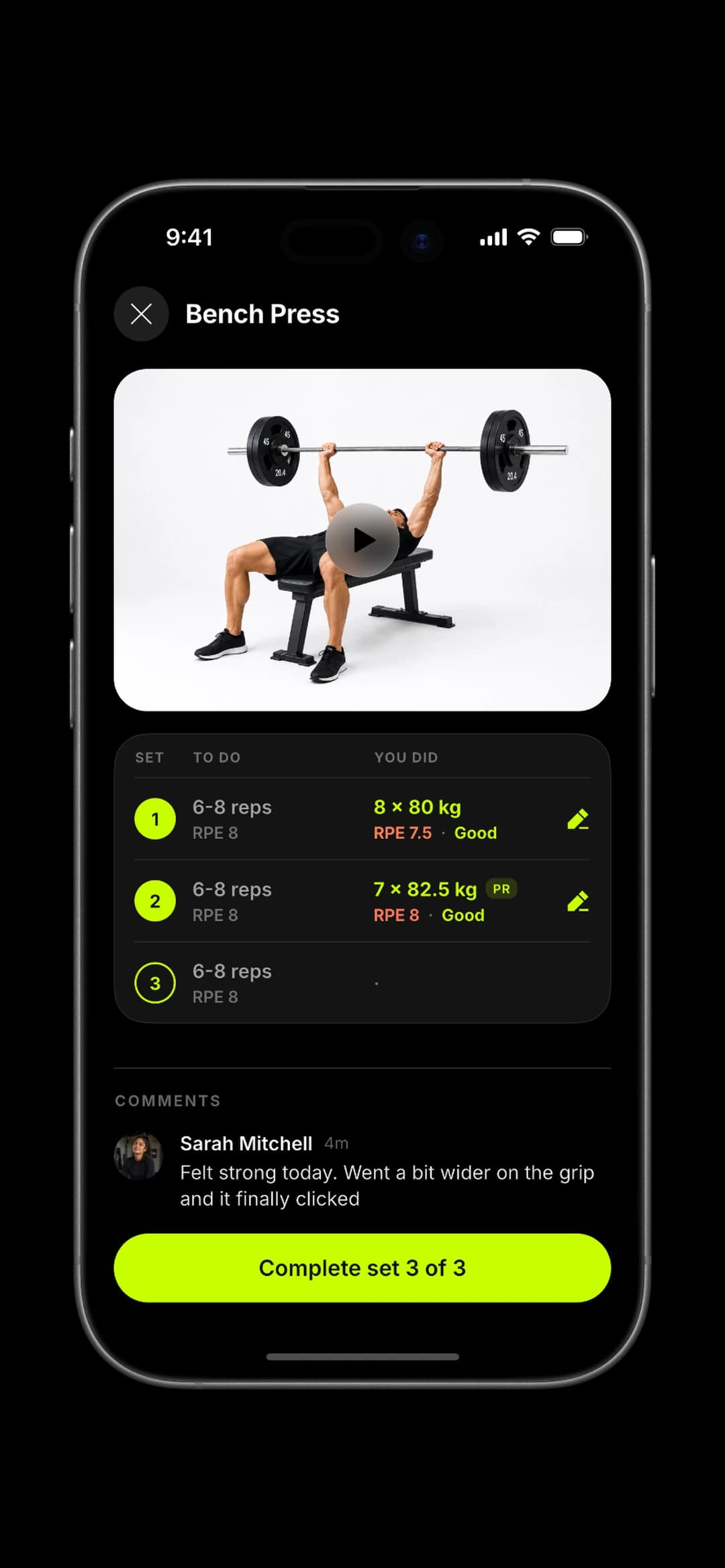 Logging dumbbell bench press: prescribed reps beside the actual sets with RPE, and the client's comment underneath.