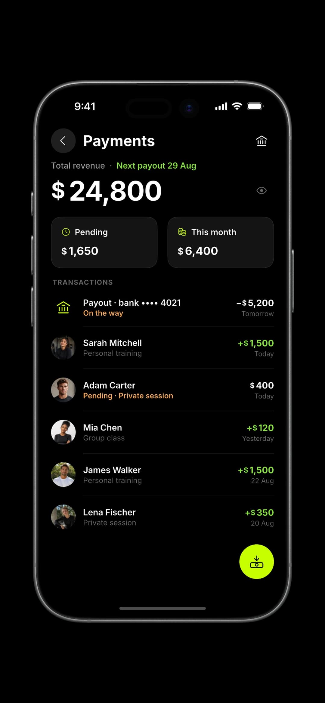 Payments in ProCoach: revenue, pending requests and transactions.