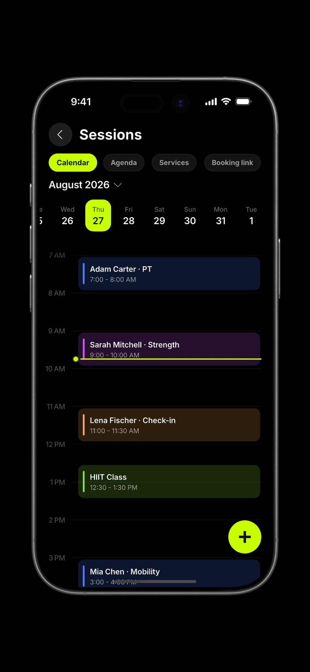 Sessions on the phone: the day's 1-on-1s, check-ins and classes on a calendar