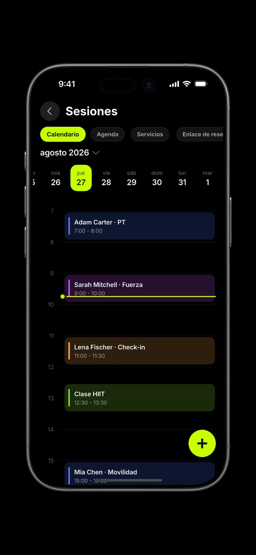 Sessions on the phone: the day's 1-on-1s, classes and check-ins.