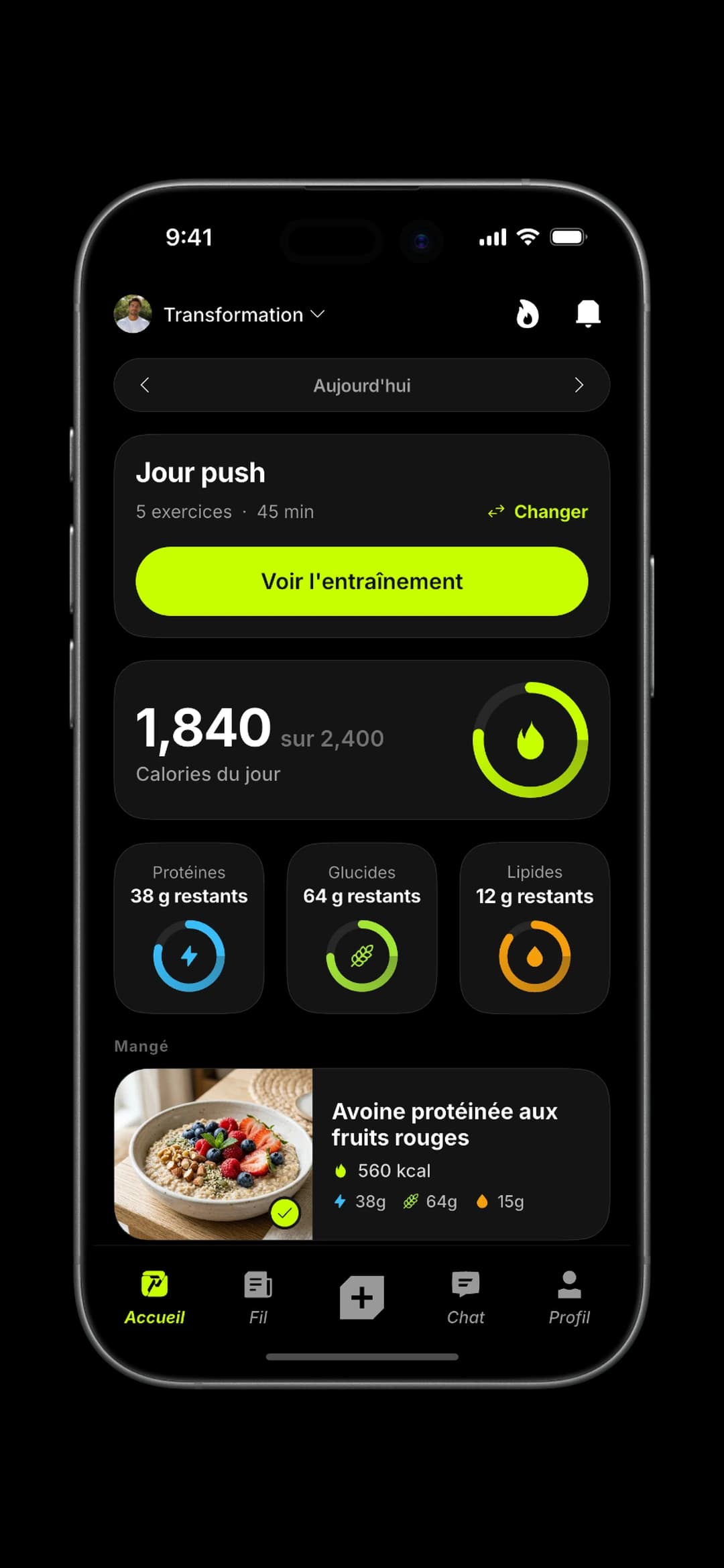 The ProCoach client home: today's workout, calories and macro rings.