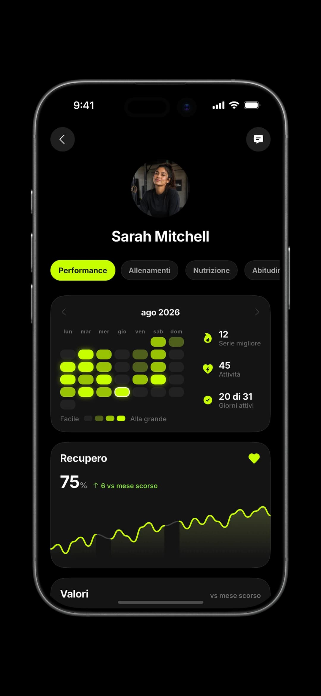 A client's profile: progress, plans and check-ins in one place.