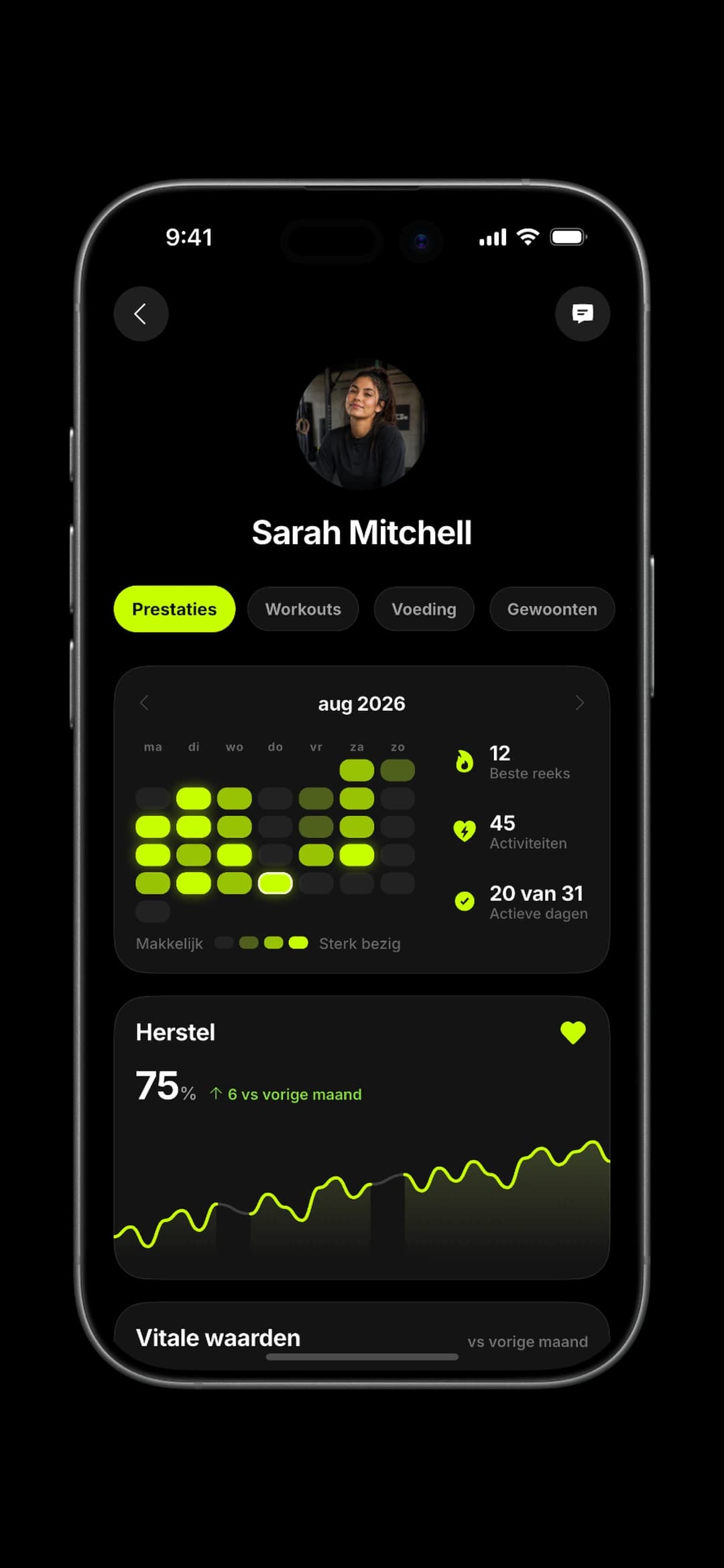 A client's profile: progress, plans and check-ins in one place.