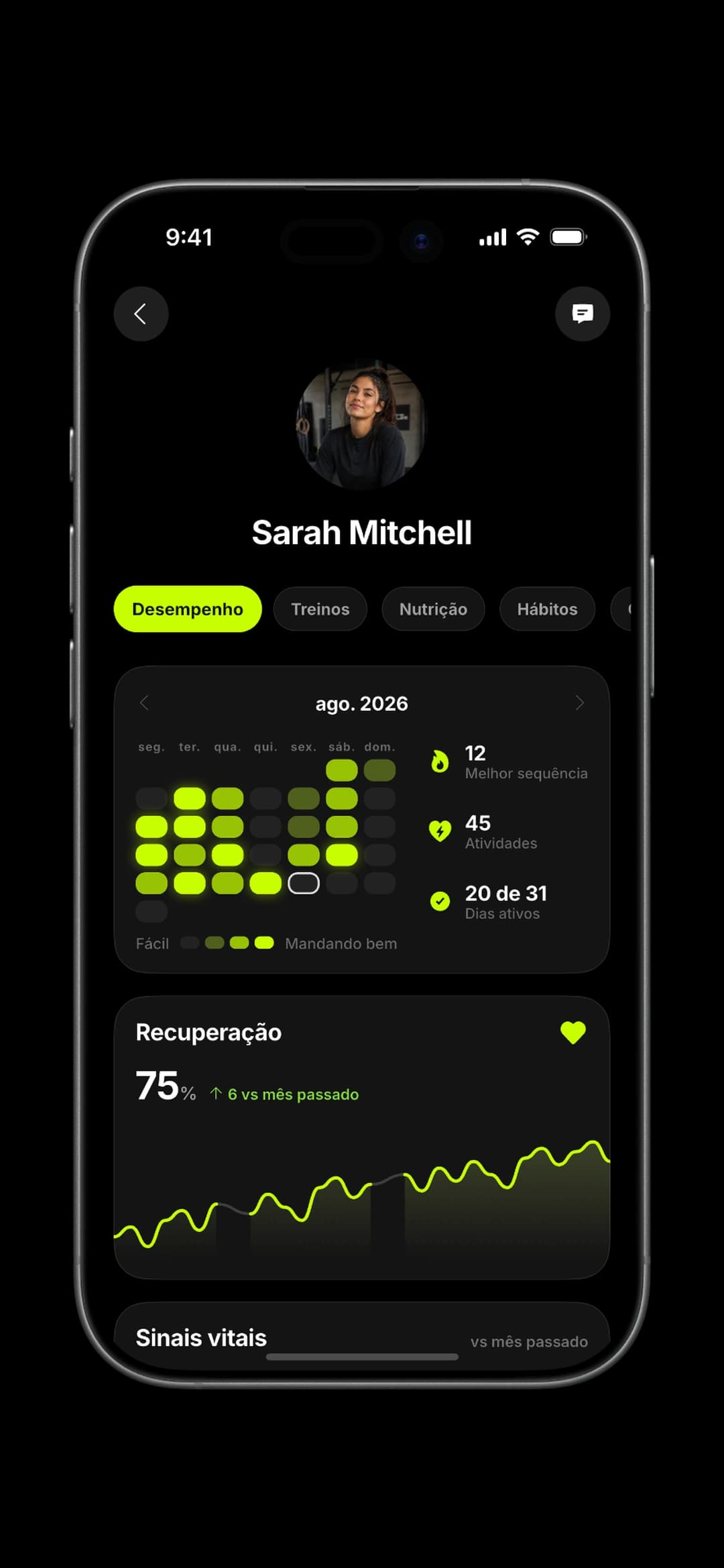 A client's profile: progress, plans and check-ins in one place.