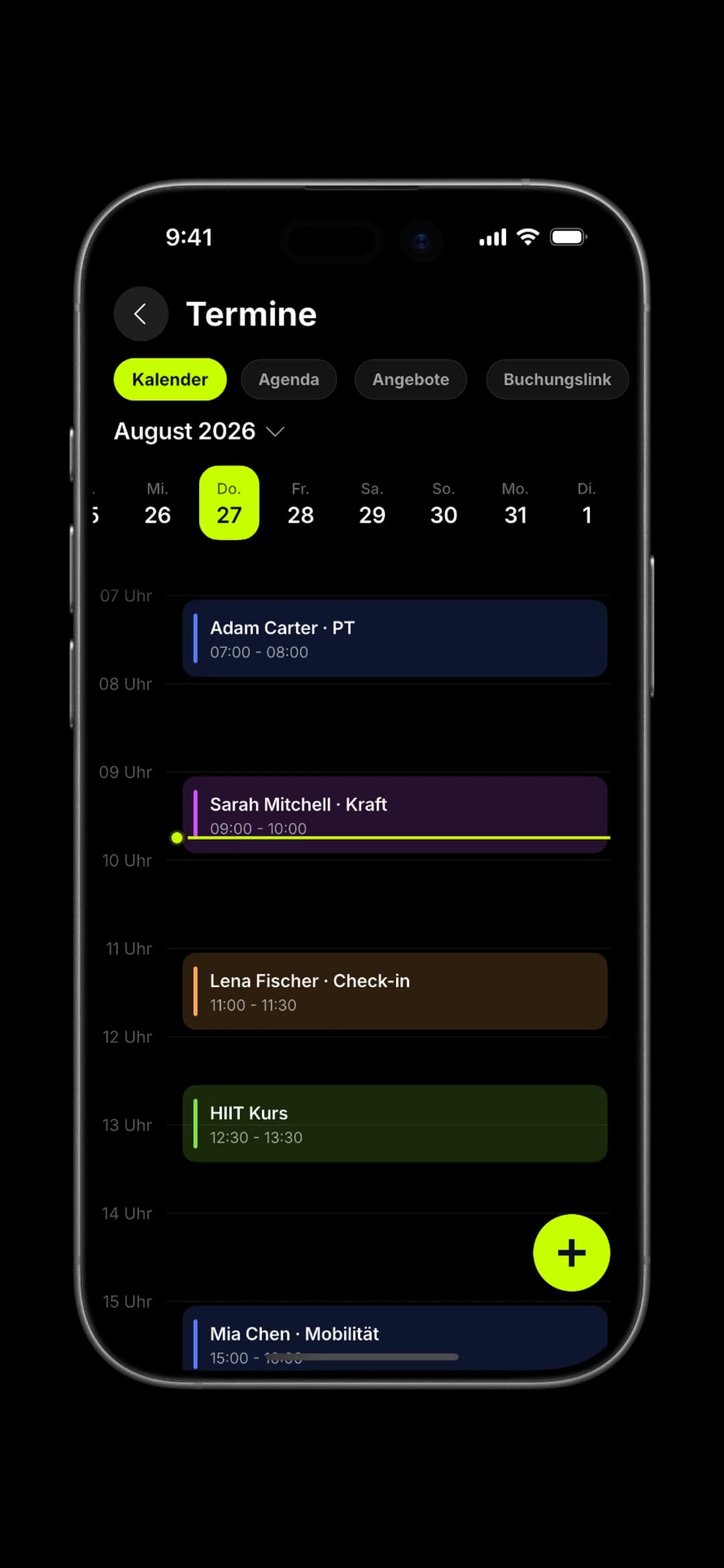 Sessions on the phone: the day's 1-on-1s, classes and check-ins.