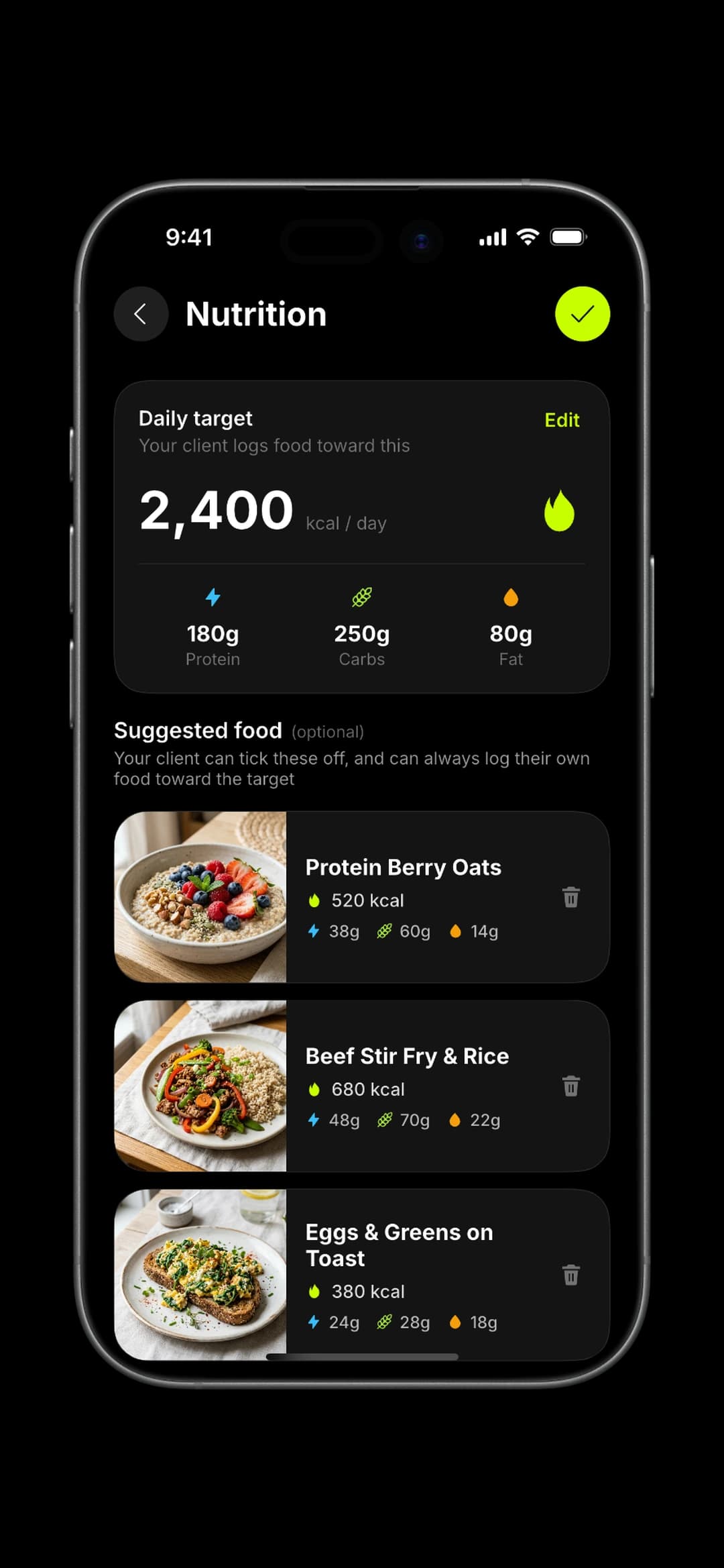 The AI food builder in ProCoach: macros in, a meal with its photo out.