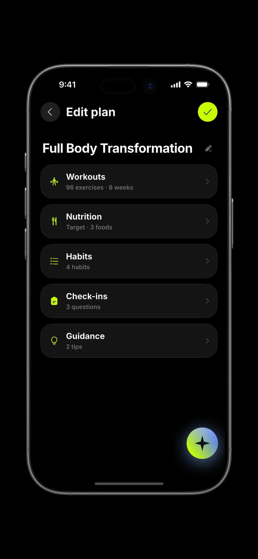 A plan in ProCoach: workouts, nutrition, habits, check-ins and guidance.